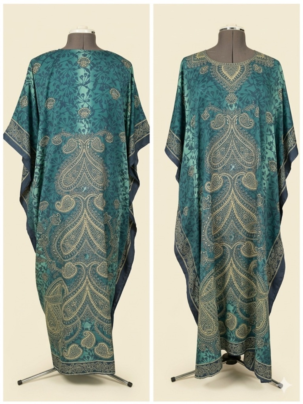 Elegant Teal Paisley-Print Women's Kaftan with Gold Accents